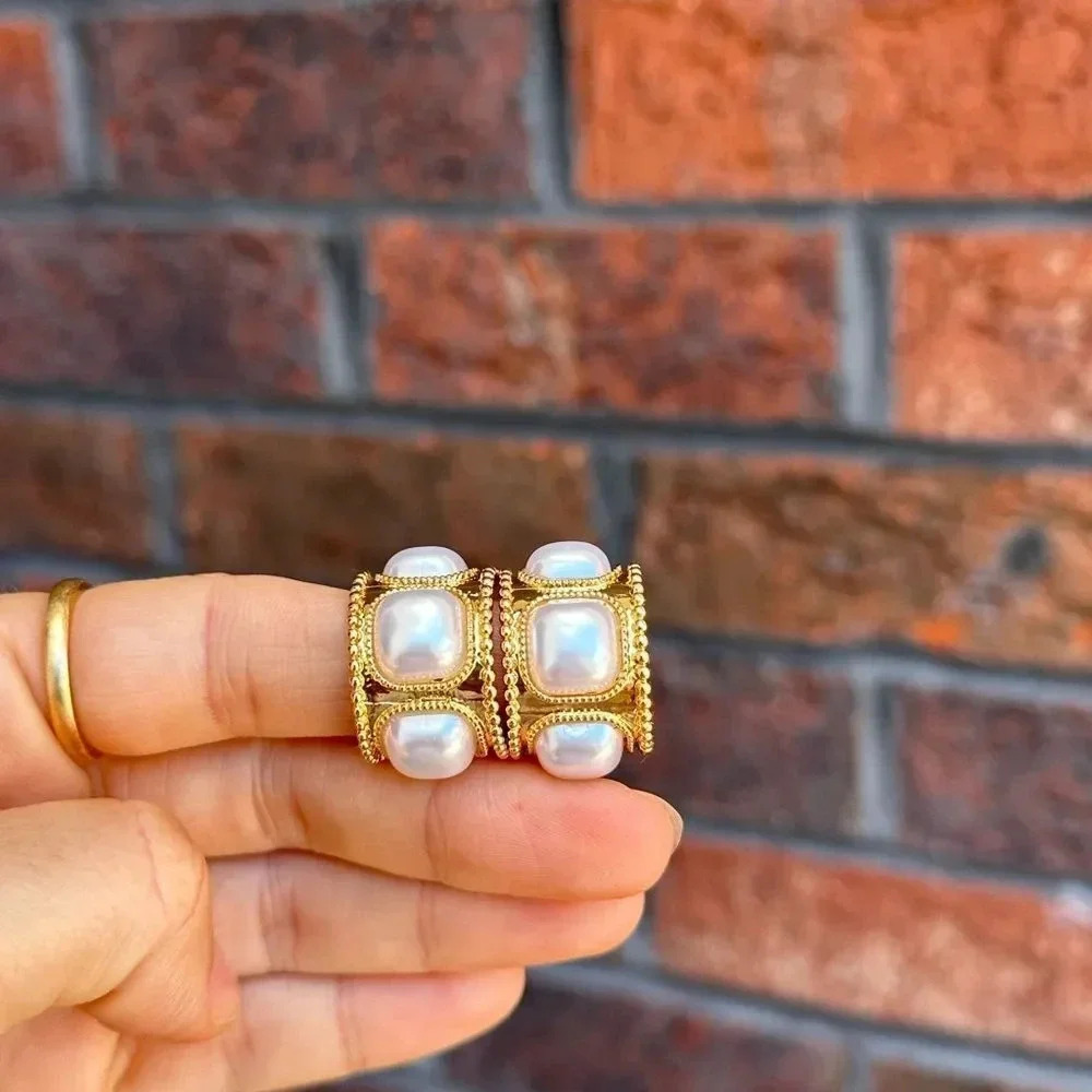 Vintage Gold Pearl Hoop Earrings - Picture 9 of 14